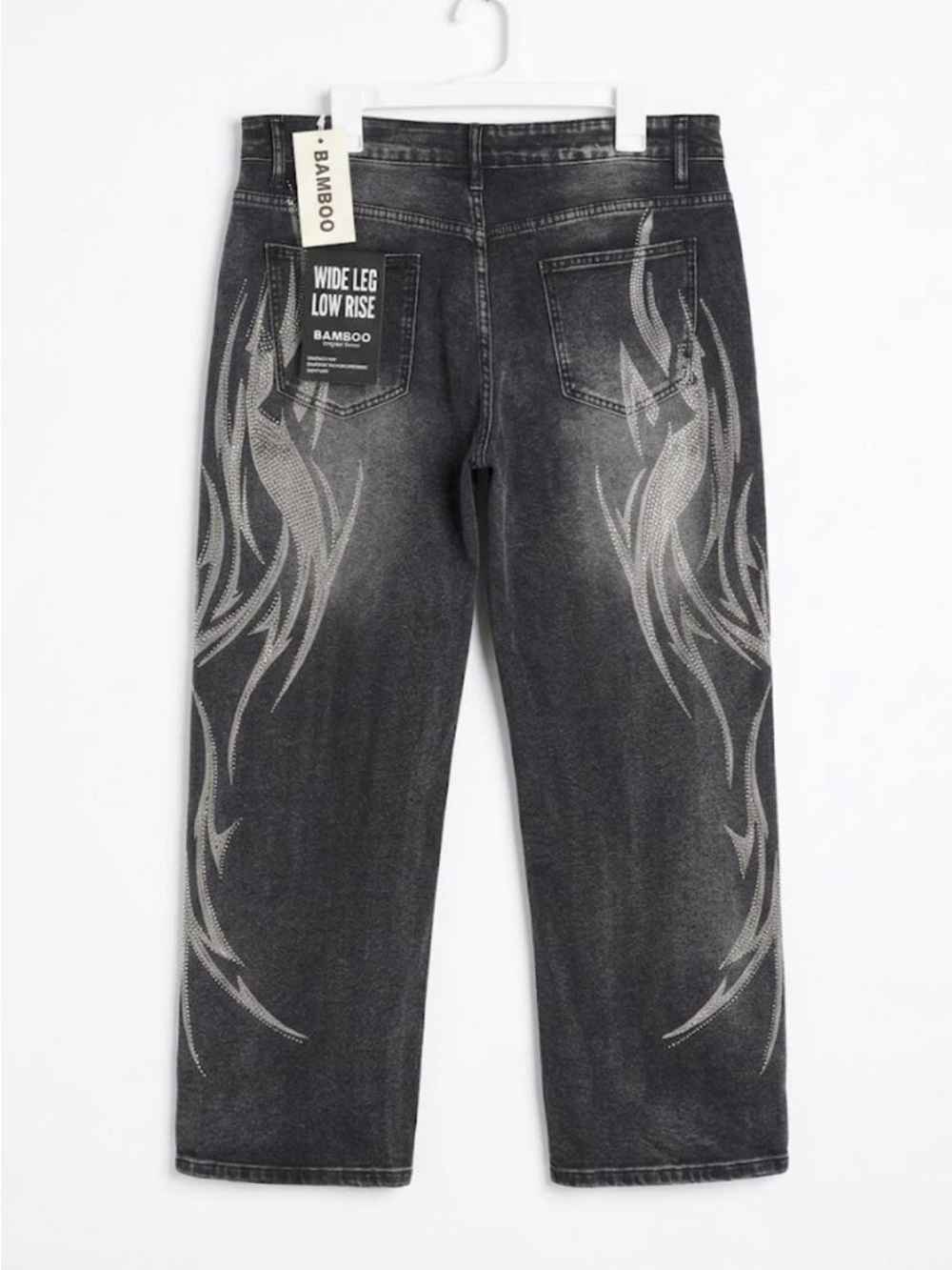 BAMBOO Black Relaxed Wide-Leg Jeans with Gray Flame Print
